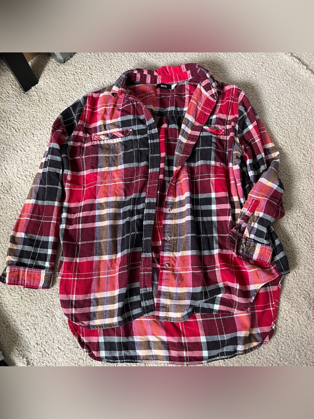 BDG Red and Black Plaid High Low Flannel